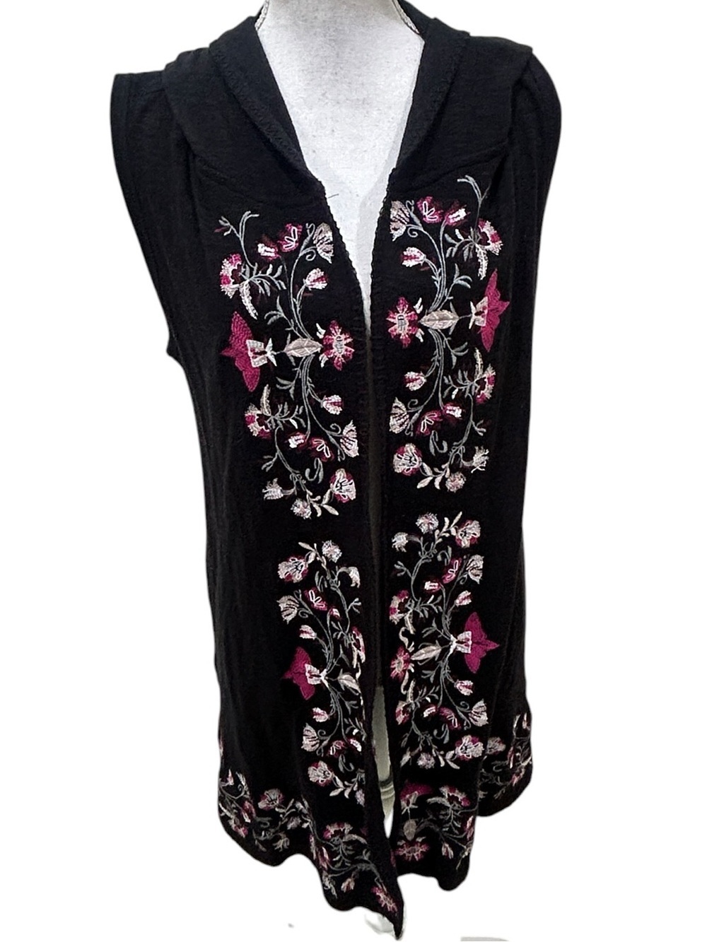 Democracy Black Embroidered Hooded longline vest Pink Floral Detail medium